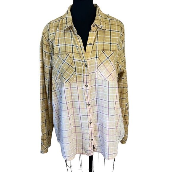 Universal Thread Tops - Bleached Flannel Button Down Flannel Shirt Size L Upcycled Distressed